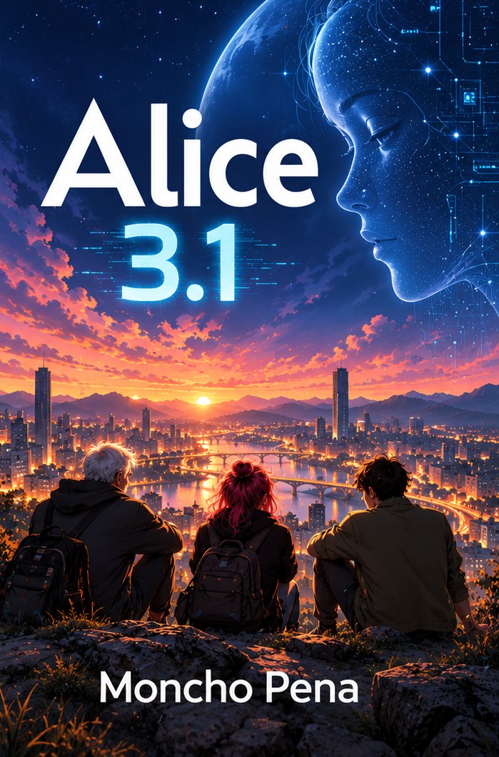 Cover of Alice 3.1: a face made of constellations above a city at dusk, and three friends watching from a lookout.