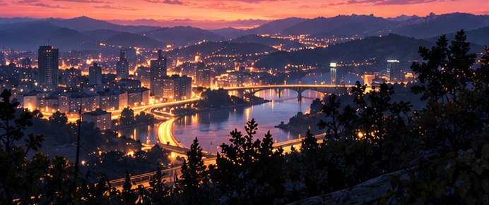 A city lit up at night beside a river, seen from a hillside.