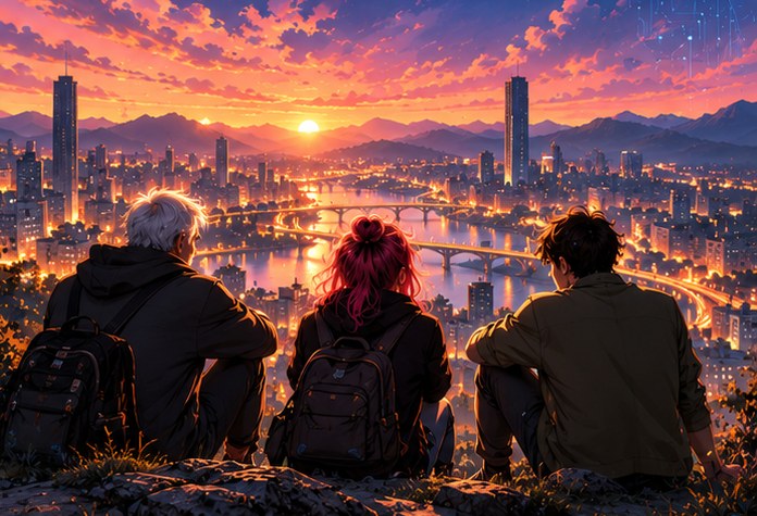 Tres amigos sentados de espaldas en un mirador, contemplando una ciudad iluminada al anochecer.